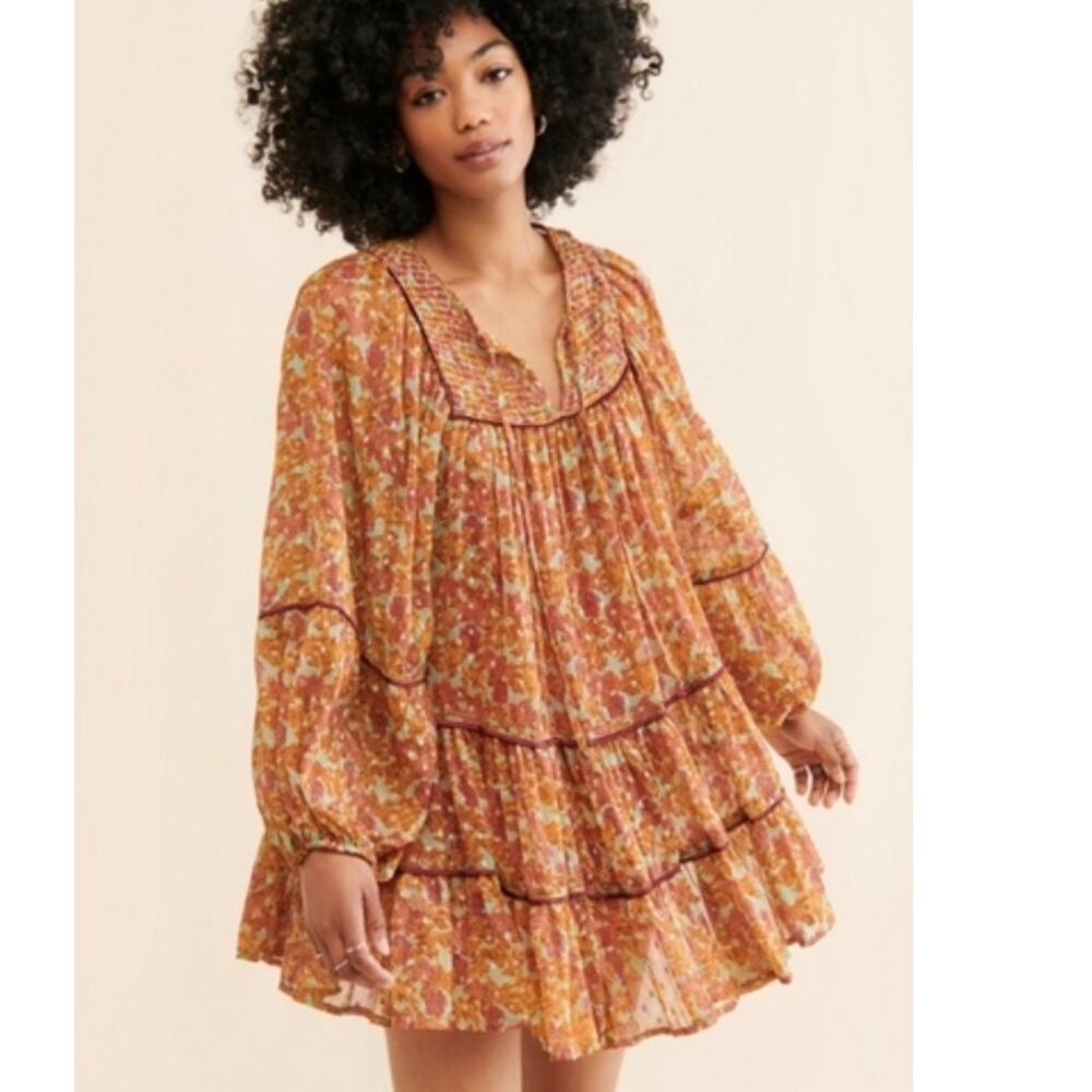 Free People Swinging Peasant Dress Womens XS Mustard Metallic Smocked Tassels